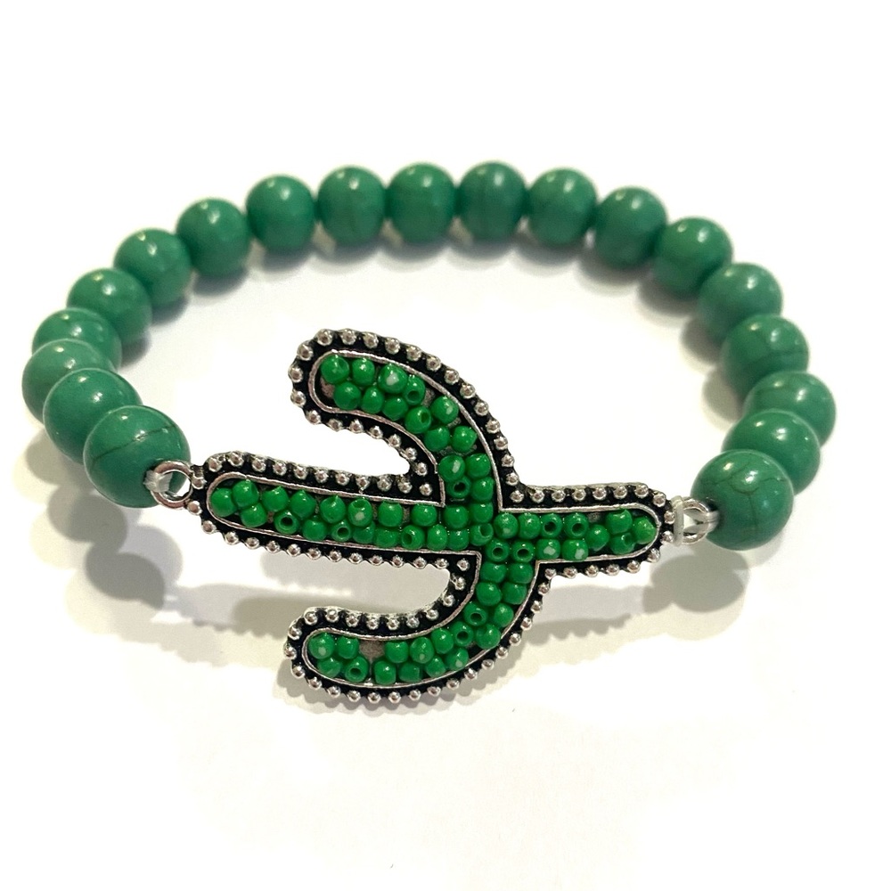 Green Cactus Bracelet Beaded Silver Tone